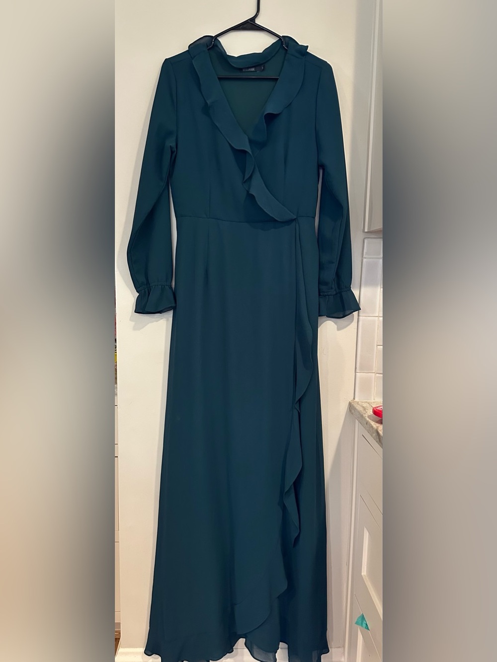Mikarose Teal Ruffle-Front Long Sleeve Maxi Dress